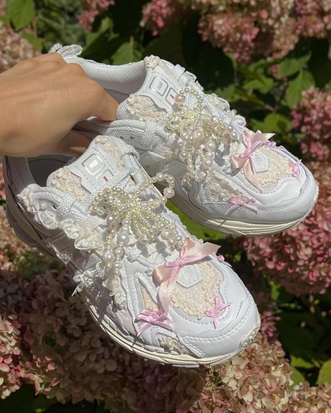 NB 1906R Protection Pack “Bow & Lace”. Commissioned by @misodam for @nessabarrett 🩷🪽🎀 #custommade #sneakers #footweardesign | Instagram Nb 1906r, Coquette Shoes, Nature Outfits, New Balance 1906r, Pretty Sneakers, Feminine Casual, Diy Sneakers, Beaded Shoes, Pretty Shoes Sneakers