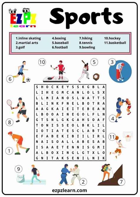 Free Printable Word Search Worksheets For Kids Topic Sports Kindergarten Preschool Game Sports Word Search, Kindergarten Word Search, Word Puzzles For Kids, Preschool Charts, Word Games For Kids, Free Printable Word Searches, Printable Sports, English Teaching Materials, English Exercises