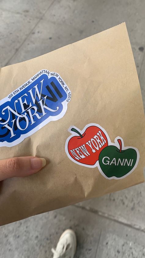 Ganni Packaging, Branded Merchandise Ideas Products, Brand Trip Aesthetic, Corporate Stickers, Ganni Aesthetic, Brand Sticker Design, Ganni Branding, Nyc Stickers, Sticker Branding