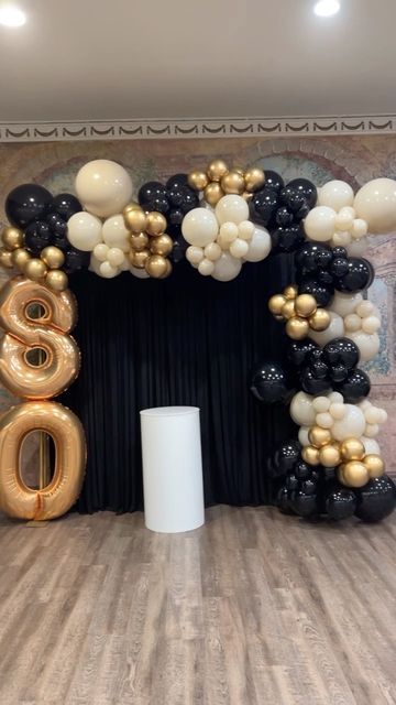 Wendy’s Extravagant Events on Instagram: "Don’t know what better way to celebrate than with a beautiful balloon backdrop to capture precious moments ✨ Must book for your next event ✨ #balloongarland #balloondecor #balloonarch #balloonbackdrop #backdrop #80th #80thbirthday #goldballoons #blackballoons #foilballoons #eventdecor #birthdaydecoration" 60th Birthday Party Backdrop Ideas, 80th Birthday Party Backdrop, Photobooth Backdrop Balloons, 86 Birthday Party Ideas, 80 Birthday Backdrop Ideas, Birthday Decoration Backdrop Ideas, 90th Birthday Balloon Arch, Balloon Arch And Backdrop, 50 Balloon Arch