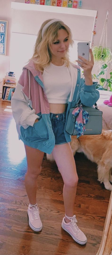 Pastel Vintage Aesthetic Outfit, Pink And Blue Concert Outfit, Pastel Womens Outfit, Pink White And Blue Outfit, Pink And Blue Aesthetic Outfit, Pink Blue Clothes, Pastel Sporty Outfit, Pastel 80s Outfit, Pastel Baddie Outfits