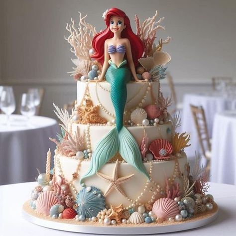 Disney Birthday Cakes Simple, Ariel Bday Cake, Ariel Mermaid Birthday Cake, Birthday Cake Ariel Mermaid, Ariel Birthday Cake Ideas, Ariel Party Decorations, Cake Ariel Mermaid, Baby Ariel Birthday Party, Disney Cakes For Adults