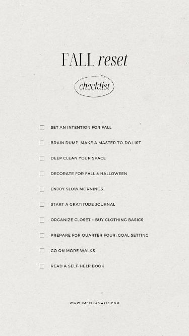 Organisation, Fall Prep List, Autumn Goals List, Room Reset Checklist, Preparing For Fall, Prepare For Fall, Fall Glow Up Checklist, Fall Reset Routine, Reset Day Checklist