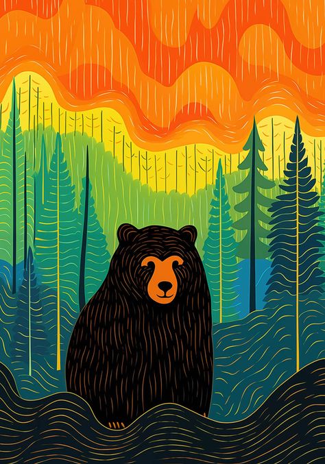 Colorful illustrated poster featuring a bear in a vivid wilderness setting with orange skies, green hills, and pine trees. Animals In Sweaters Art, Nature Design Drawing, Kids Adventure Illustration, Bear Acrylic Painting, Black Bear Painting, Adventurer Aesthetic, Camping Animals, Boston In The Fall, Adventure Illustration