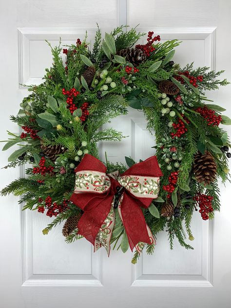 Homemade Christmas Wreaths, Winter Floral Arrangements, Christmas Greens, Christmas Wreaths Diy Easy, Front Door Christmas, Christmas Wreath For Front Door, Porch Wreath, Olive Branches, Deco Wreaths