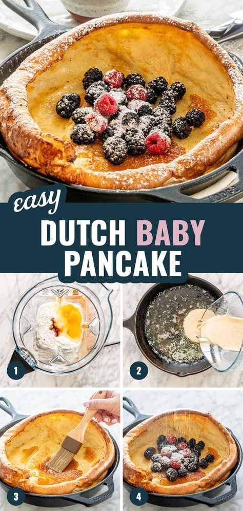 This Dutch baby pancake is large, fluffy and makes for a fantastic breakfast. Only 5 minutes of prep and 20 minutes to cook. #pancakes #dutchbaby #recipe #breakfast Dutch Baby Pancake For One, Lemon Dutch Baby Pancake, Ditch Baby Pancake, Pannakukan Recipe, Dutch Babies Recipe Easy, Baby Dutch Pancakes, Gf Dutch Baby, Dutch Baby Recipes, Dutchbaby Pancake Recipe