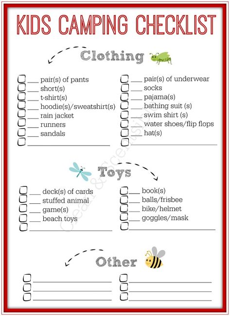 Checklist For Kids, Camping Checklist Family, Kids Checklist, Camping Bedarf, Rv Camping Checklist, Kids Camping, Camping Needs, Camping List, Packing Kids