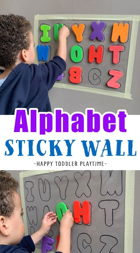 Alphabet Sticky Wall for Preschoolers - HAPPY TODDLER PLAYTIME Games For Daycare, Sensory Kids Room, Opening Activities, Letters Activities, Letter Learning Activities, Learning Wall, Pencil Grasp, Alphabet For Toddlers, Sticky Wall