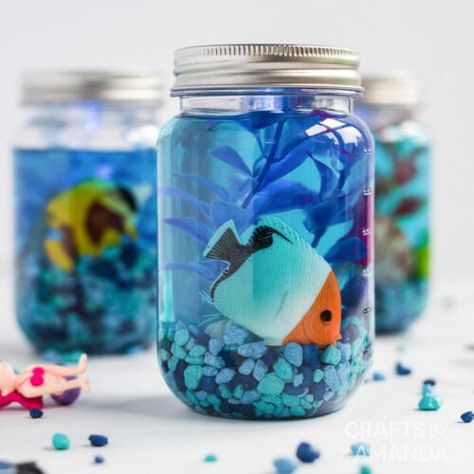 Mason Jar Aquarium Craft - Crafts by Amanda - Beach Crafts for Kids Ocean Theme Activities Elementary, Marine Life Decoration Ideas, Beach Theme Vbs Crafts, Breaker Rock Beach Vbs 2024 Preschool Crafts, Scuba Vbs Crafts For Kids, Scuba Vbs 2024 Crafts For Kids, Vbs Beach Crafts, Aquarium Activities For Kids, Scuba Vbs Crafts