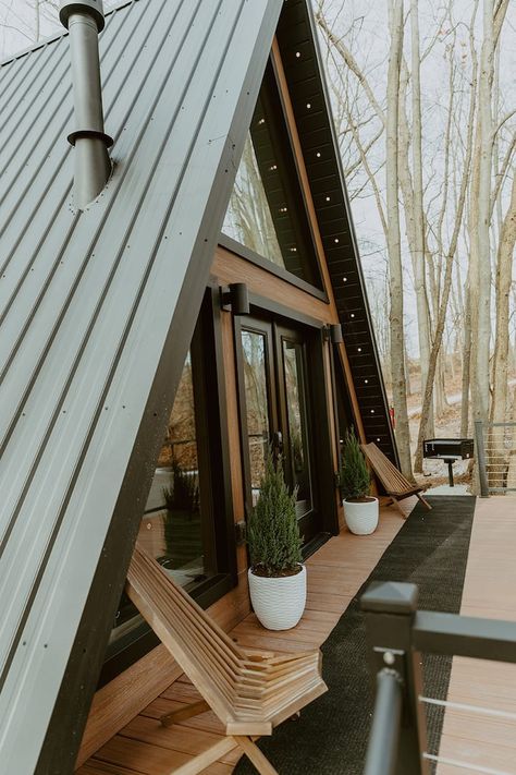 Romantic, Waterfront A-Frame - Forest Lane in Beach City, Ohio, United States - Airbnb Airbnb A Frame, A Frame Front Porch Addition, A Frame Landscaping, A Frame Interior Layout, Danish Cabin Interior, A Frame With Deck, Small Frame Cabin, White A Frame House, White A Frame House Exterior