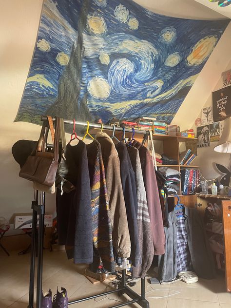 blue tapestry, clothes , collage, dresser, shelving unit Wardrobe Rack, Van Gogh, Room Inspiration, Starry Night, Room Decor, Wardrobe, Van, Furniture, Quick Saves