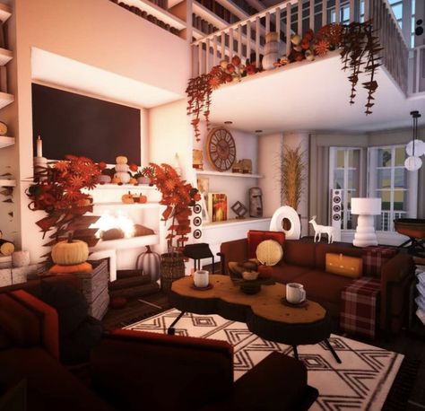 Roblox Bloxburg House Ideas Halloween, Bloxburg Fall/halloween Decals, Bloxburg Seating Area Ideas, Bloxburg Autumn House One Story, Fall Bloxburg Backyard, Fall Blockburg House, Autumn House Interior Bloxburg, Fall Bedroom Decor Bloxburg, Fall Cottage Bloxburg House