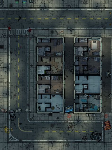 Modern Battle Maps, D20 Modern Maps, Dnd Post Apocalyptic Map, Dnd Modern Map, Modern Dnd Maps, Cyberpunk Battlemap, Post Apocalyptic Games, D20 Modern, Fallout Rpg