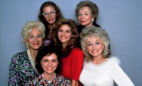 "Steel Magnolias" promo still, 1989.  Top row: Daryl Hannah, Shirley MacLaine. Middle row: Olympia Dukakis, Julia Roberts, Dolly Parton.  Front row: Sally Field.  Julia's performance in this film won her an Academy Award nomination for Best Supporting Actress. Olympia Dukakis, Sally Field, Steel Magnolias, Shirley Maclaine, Olympia, The Movie, Wall