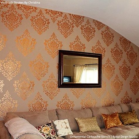 Pattern On Wall, Stenciled Walls, Damask Wall Stencils, Damask Wall, Royal Design Studio Stencil, Stencil Wall Art, Wall Stencil Patterns, Damask Stencil, Ornamental Design