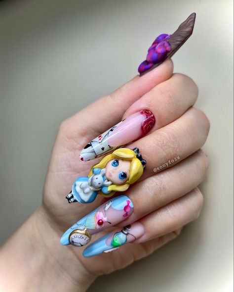 Alice And Wonderland Nails, Nails Winter Wonderland, Alice In Wonderland Nail Art, Wonderland Nail Art, Acrylic Nails Winter, Alice In Wonderland Nails, Character Nails, Business Nails, 3d Nail Art Designs