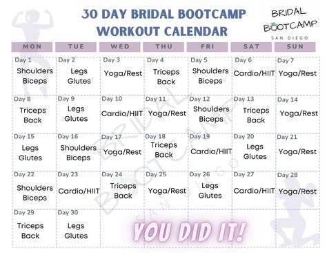 30 Day Bridal Bootcamp Workout Calendar