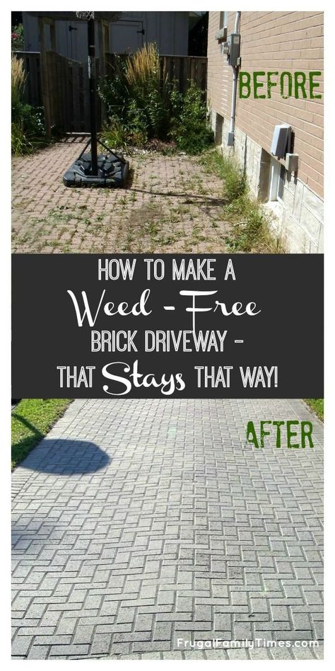 Stop buying weed killers or weeding by hand! How to get a weed-free brick driveway (or patio) that stays that way. A DIY weed prevention method that lasts - and is non-toxic. How to get rid of weeds between interlocking bricks. #howto #diy #weeds #patio How To Stop Weeds From Growing, Driveway Update, Cabin Landscape, Diy Patio Ideas, Polymeric Sand, Brick Driveway, Stone Edging, Brick Patio, Patio Pavers