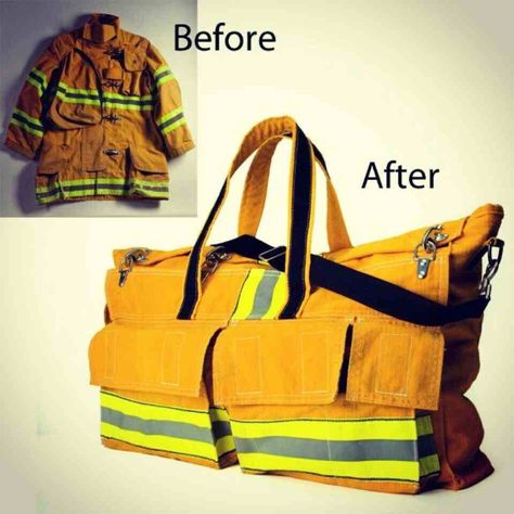 #Firefighter bunker gear turned into a duffle bag, another #DIY way to reuse old firefighter equipment and tools. #fireprotection Firefighter Bag, Firefighter Equipment, Firefighter Crafts, Recycled Firefighter, Old Jacket, Fire Gear, Turnout Gear, Bunker Gear, Firefighter Gear