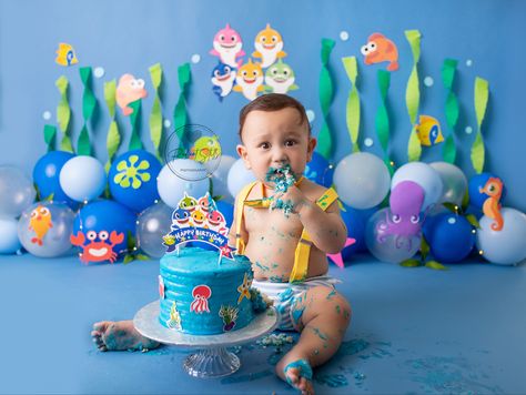 Baby Shark Smash Cake Boy, Dory Birthday Cake, Baby Shark Cake, Half Birthday Baby, Shark Birthday Cakes, Half Birthday Cakes, Nemo Birthday, Shark Themed Birthday Party, Baby First Birthday Cake