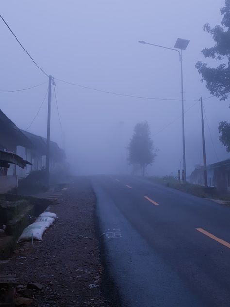 Foggy street on Rancabali, West Java. Moody. Ominous. Nature, Foggy Neighborhood, Ominous Landscape, Hermit Aesthetic, Ominous Aesthetic, Creepy Town, Foggy Street, Relaxing Thoughts, Song Vibe