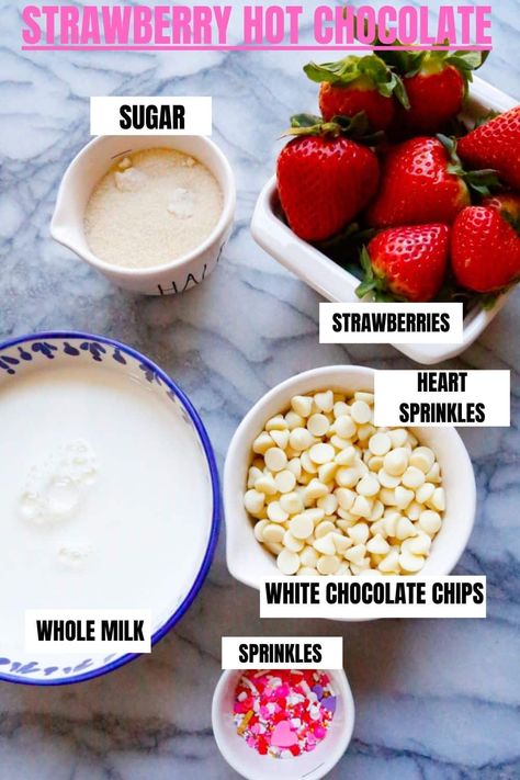 Strawberry Hot Chocolate | Pink Drink Recipe - Fitty Foodlicious Strawberry Hot Chocolate, Pink Drink Recipes, Strawberry Seed, Heart Sprinkles, White Hot Chocolate, Nut Milk Bag, Strawberry Slice, Strawberry Puree, Hot Chocolate Mix