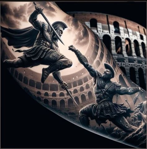 Spartan Sleeve Tattoos For Guys, Gladiator Tattoo Design For Men, Roman Art Tattoo, Roman Tattoo Ideas, Roman Tattoos, Sparta Tattoo, Warrior Tattoo Sleeve, Greek God Tattoo, Roman Tattoo