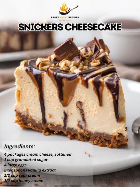 Snickers Cheesecake takes the beloved flavors of the classic Snickers candy bar—chocolate, peanuts, caramel, and nougat—and incorporates them into a decadent cheesecake. This dessert is perfect for Snickers and cheesecake lovers alike, combining smooth cheesecake with the crunch and sweetness of Snickers pieces. Here's how to make it: Snickers Cheesecake Recipe 🍰🍫 Indulge in the rich and irresistible blend of Snickers and cheesecake in this ultimate dessert for candy bar enthusiasts. Ingre... Snicker Cheesecake Recipe, Snicker Recipes, Snickers Desserts, No Bake Snickers Cheesecake, Snickers Cheesecake Recipe, Smooth Cheesecake, Snickers Dessert, Snickers Recipe, Decadent Cheesecake