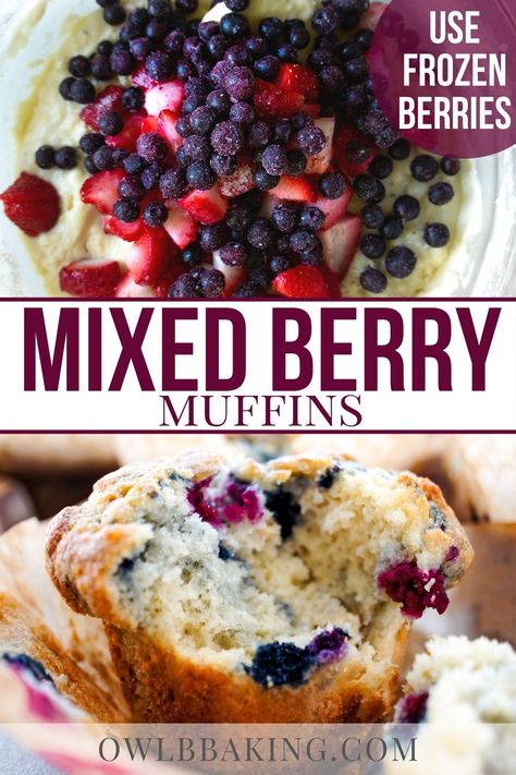 This is an easy recipe for Bakery Style Mixed Berry Muffins. These muffins are moist, fluffy & have huge tops. It’s easy to add your favorite frozen mixed berries to this basic muffin batter. I love that these are not overly sweet or greasy. Yogurt Berry Muffins, Frozen Berry Breakfast Ideas, Muffins Mixed Berry, Frozen Fruit Baking Recipes, Frozen Berry Bread, Mixed Berries Muffins, Berry Breakfast Muffins, Berries Muffin Recipe, Mixed Berry Muffins Easy