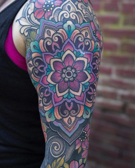 Color Mandala Tattoo Sleeve, Rainbow Mandala Tattoo, Colored Mandala Tattoo, Colour Mandala Tattoo, Tattoo Colourful, Gramophone Tattoo, Colorful Mandala Tattoo, Colorful Sleeve Tattoos, Tattoo Fixes