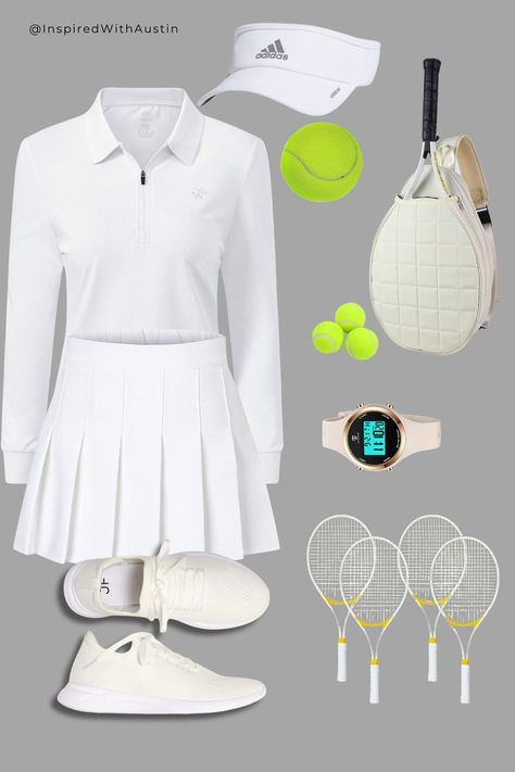 Game, set, match! Dressing the part to ace the courts in style. #TennisTime #SportyChic #CourtReady #AceTheGame #MatchPointStyle Matching Tennis Outfits, What To Eat Before A Tennis Match, Tennis Match Dti Outfit, Tennis Match Outfit, Lucky In Love Tennis Clothes, Cheap Casual Tennis T-shirt, Game Set Match, Tennis Outfit, Match Point