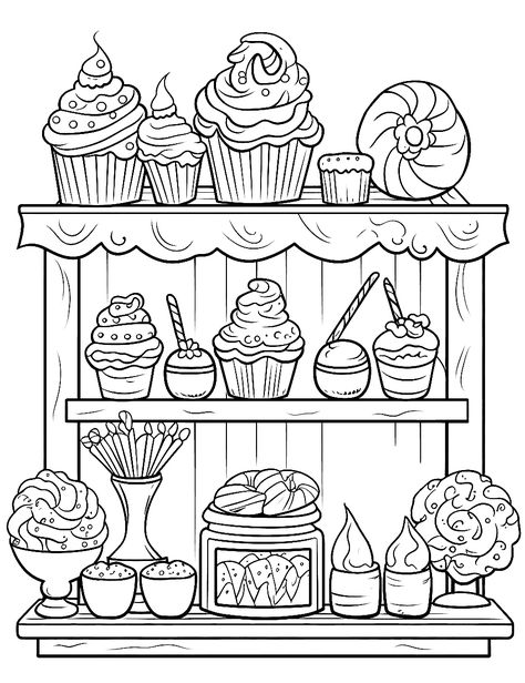 Cooking Coloring Pages, Chocolate Coloring Pages, Dessert Coloring Pages, Cozy Bakery, Treats Birthday, Candy Coloring Pages, Pinterest Valentines, Cupcake Coloring Pages, Coloring Paper