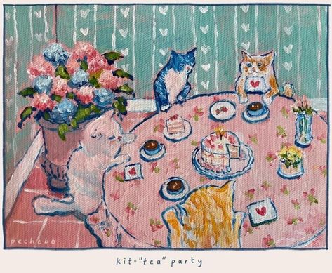 Cat Tea Party, Cat Artwork, Cat Posters, Cat Painting, Pretty Art, Art Sketchbook, Painting Inspiration, Cat Art, Making Ideas