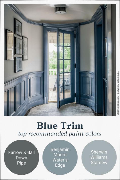 A round-up of paint colors most recommended and used by interior designers to create the trend of contrast trim in your own home. Light Blue Walls With Dark Trim, Colonial Colors Interior, Cream Walls Blue Trim, Navy Blue Trim Interior, Colored Moldings And Trim, Historical Blue Paint Colors, Blue Walls With Blue Trim, White Walls With Blue Trim, Blue Wanescoting Ideas