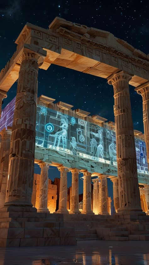 A stunning blend of ancient Greek mythology and advanced technology. Explore AI-powered gods, digital temples, and futuristic Athens in this unique concept art.  #DigitalArt #GreekMythology #Futurism #AIArt #TechnoSpiritual #AncientGreece #CyberpunkArt #Mythology #PinterestArt Futuristic Ancient Greece, Ancient Temple Concept Art, Architecture Form, Diamond Aesthetic, Ancient Egypt Aesthetic, Higher Dimensions, Egypt Aesthetic, Ancient Greek City, Ancient Greek Mythology