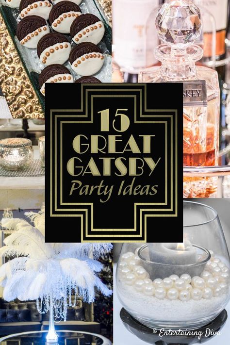 These great gatsby party decor ideas are awesome! I especially love the glam feather centerpiece, and the entrance sign. They would be perfect for a wedding, graduation party or even a New Year's Eve party. | Party Decorations Glam Theme Party Decor, Gatsby Party Decor, Glam Birthday Party Ideas, Sylvester Party, Nye Ideas, Gatsby Event, Gatsby Birthday Party, Gatsby Party Decorations, Great Gatsby Themed Party