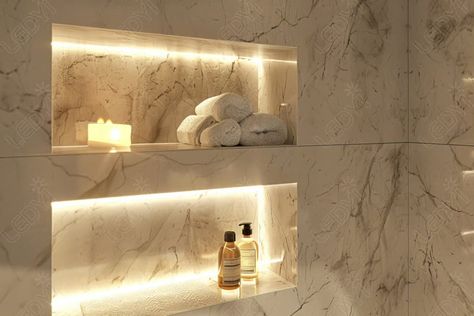 Top 26 Creative Bathroom Lighting Ideas (2024) - LEDYi Lighting Ensuite Lighting Ideas, Bathrooms With Led Lights, Light In Shower Niche, Lighted Shower Niche, Niche Lighting, Led Light Art Bathroom, Shower Niche Led Lighting, Bathroom Cabinet Led Lighting, Bathroom Shaving Cabinet Lighting