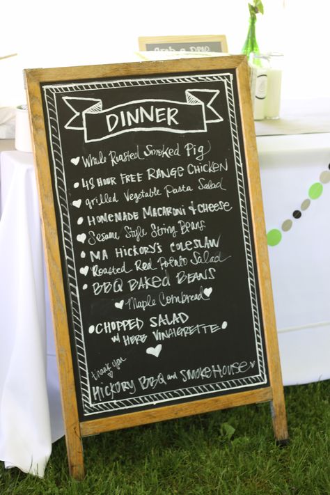 Rustic wedding, BBQ, pig roast, chalkboard menu Pig Roast Wedding, Bbq Inspiration, Pig Roast Party, Roast Ideas, Pig Pickin, Rustic Wedding Foods, Backyard Bbq Wedding, Bbq Pig, Car Wedding