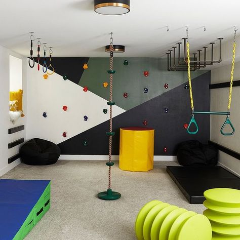 Gym At Home Ideas, Kids Playroom Basement, Climbing Wall Kids, Indoor Playroom, Kids Play Spaces, Hangout Room, Chicago Interior Design, Basement Playroom, Boys Playroom