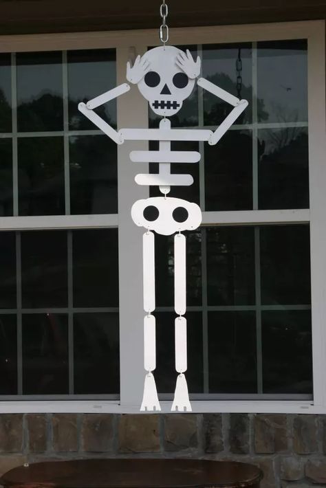 DIY Wooden Skeleton Outdoor Halloween Decoration | Hometalk Diy Skeleton Decor, Halloween Decorations On A Budget, Fun Halloween Decorations, Outdoor Skeleton, Wooden Skeleton, Diy Skeleton, Burlap Halloween, Decorations On A Budget, Dekorasi Halloween