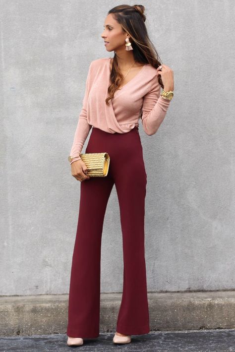 blush bodysuit paired with burgundy high-waist pants Maroon Pant Outfits Women, Colors That Go With Burgundy Outfits, Maroon Slacks Outfit, Burgundy Bell Bottom Pants Outfit, Styling Maroon Pants, Maroon Slacks Outfit Women, Style Maroon Pants, Wine Pants Outfit Work, Wine Color Pants Outfit