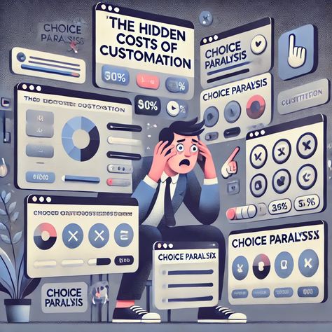 User overwhelmed by too many customization options on a digital interface, illustrating the hidden costs of customization in UX design. Cognitive Overload, Decision Fatigue, Design Hack, Conversion Rate, Less Is More, User Experience, Ux Design, Psychology, Design