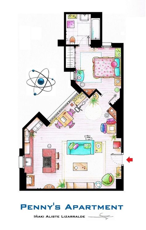 Penny's apartment floor plan in The Big Bang Theory Describe Setting, French Vocab, Big Bang Theory Funny, French Ideas, The Big Band Theory, French Stuff, Apartment Floor Plans, Casas The Sims 4, Sims Building