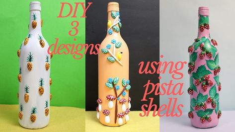 Pista Shell Crafts, Water Bottle Crafts, Painted Bottle, Diy Glass Bottle Crafts, Bottle Decor, Shell Crafts Diy, Glass Bottles Art, Wine Bottle Art, Diy Bottle Crafts