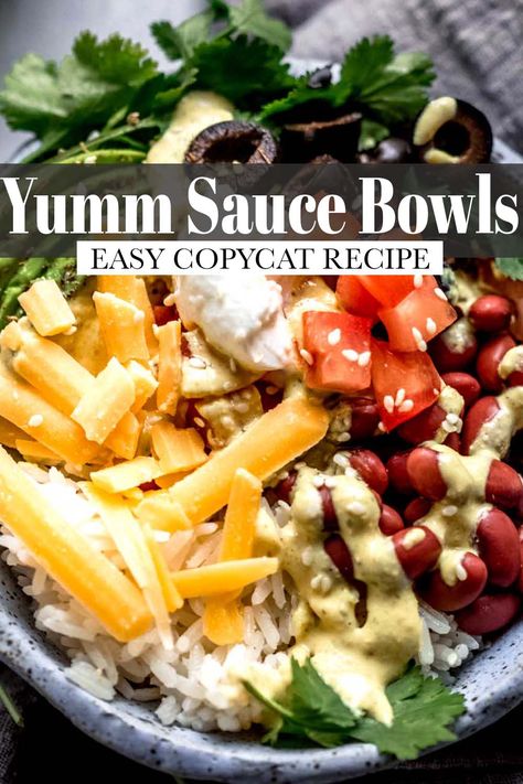 Learn how to make Yumm Sauce - inspired by Cafe Yumm. These vegetarian Yumm Sauce Bowls are loaded up with all the toppings and drizzled with a creamy curry & cumin spiced chickpea sauce. Cafe Yum Bowl Recipe, Yumm Sauce Recipe Copycat, Yum Bowl Recipe Cafe, Cafe Yumm Bowl Recipes, Cafe Yumm Sauce Recipe, Cafe Yumm Sauce, Yumm Sauce Recipe, Yumm Bowls, Yumm Bowl