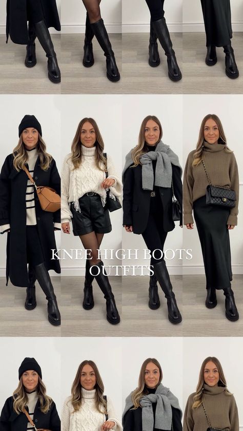 10 ways to wear knee high flat boots 🖤 which look is your favourite?! All of my outfits are shoppable on my Shop.ltk (link in my bio) ✨ | Instagram Autumn Outfits Boots Fall Fashion, Winter Outfit With Knee High Boots, Chelsea Knee High Boots Outfit, Knee High Outfit Boots Black, Looks With Knee High Boots, Black Knee Length Boots Outfit, Knee High Boot Work Outfit, Flat Knee High Boots Outfit Winter, Knee High Boots Casual Outfit