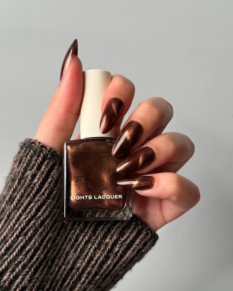 Lights Lacquer, Home for the Harvest 🧺 🐿️ Maple Street, a mahogany brown polish with a fine golden shimmer and magnetic finish • use code COLORNOOK to save on your purchase @lightslacquer • use code THECOLORNOOK to save on your purchase @nominal #lightslacquer #homefortheharvest #fallnails #fallnailcollection #nailpolishswatch #nailswatch #nailinspo #maplenails #brownnails #cateyenails #darknails #magneticnails magnetic cat eye brown maple nails golden shimmer Brown Tiger Eye Nails, Brown Cats Eyes Nails, Dark Brown Cat Eye Nails, Brown Cat Eye Nails Design, Brown Magnetic Nails, Brown Shiny Nails, Brown Velvet Nails, Golden Brown Nails, Barca Nails