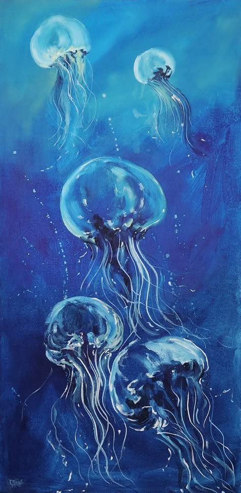 Blue Acrylic Painting Ideas, Ocean Themed Paintings, Jellyfish Canvas Painting, Blue Painting Aesthetic, Underwater Drawing, Blue Oil Painting, Ocean Oil Painting, Ocean Jellyfish, Marine Life Art