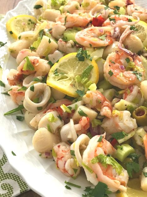 Italian Seafood Salad - Proud Italian Cook Cold Fish Salad, Italian Fish Salad, Italian Seafood Salad Christmas Eve, Italian Shrimp Salad, Seafood Antipasto, Cold Seafood Salad, Italian Seafood Salad Recipe, Italian Seafood Salad, Seafood Salad Recipe