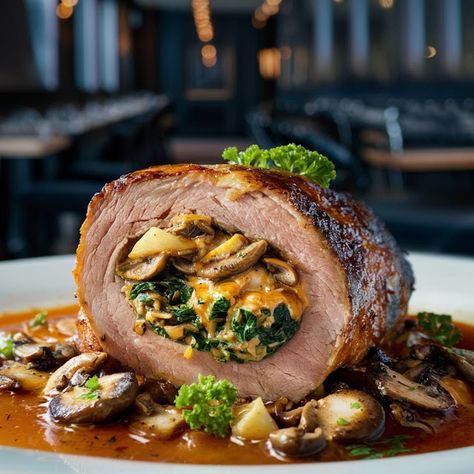 Cooking up Joy - Made with love: Mushroom, Spinach & Gruyère Stuffed Pork Tenderloi... Spinach Stuffed Pork Tenderloin, Stuffed Pork Roast, Courtney Williams, Pork Roulade, Loin Recipes, Food Thanksgiving, Pork Entrees, Mushroom Spinach, Stuffed Pork